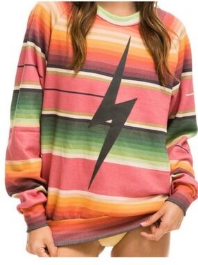Aviator Nation Pink Multi Striped Lightning Bolt Crewneck